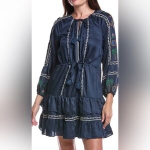 Johnny Was Lexie tiered Midnight Blue Embroidered mini Dress 👗 medium